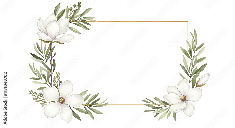 Fototapeta premium Elegant Magnolia Olive Branch Frame Wedding Invitation Floral Design Greenery