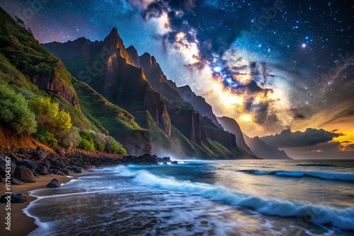 Na Pali Coast State Wilderness Park Night Photography: Dramatic Cliffs & Starry Sky photo