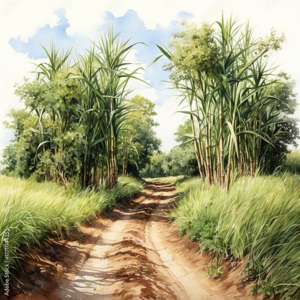 a watercolor of sugarcane beside the road, isolated on white ,. a watercolor of sugarcane beside the road, isolated on white ,.