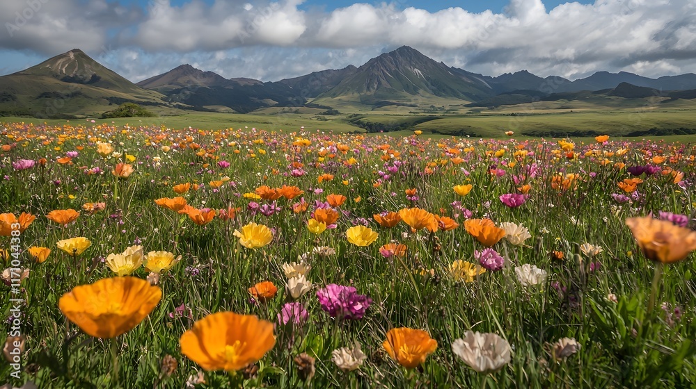 Stunning scenic view of a serene valley covered in a vibrant array of blooming flowers surrounded by majestic snow capped mountain peaks in the distance Stunning scenic view of a serene valley covered in a vibrant array of blooming flowers surrounded by majestic snow capped mountain peaks in the distance