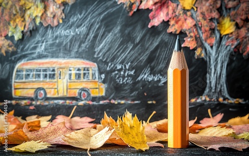 A detailed sketch of a pencil tree with dry autumn leaves, placed on a blackboard with a school bus in the background for a backtoschool theme photo