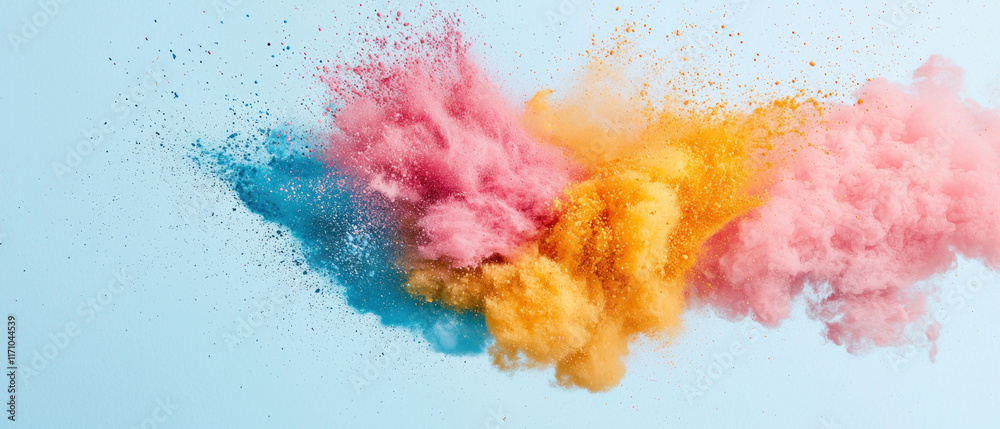 Obraz premium Colorful powder explosion creating dynamic, artistic effects against a light background.