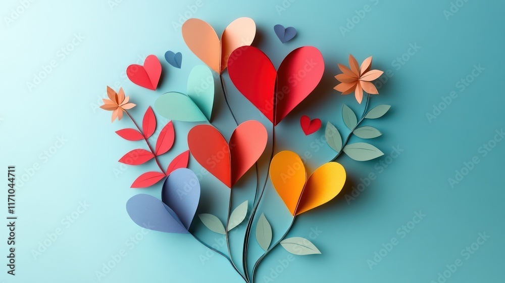 Heart Bouquet: A bouquet of paper cut hearts in various sizes and colors. paper cut Art Style 3d background Heart Bouquet: A bouquet of paper cut hearts in various sizes and colors. paper cut Art Style 3d background