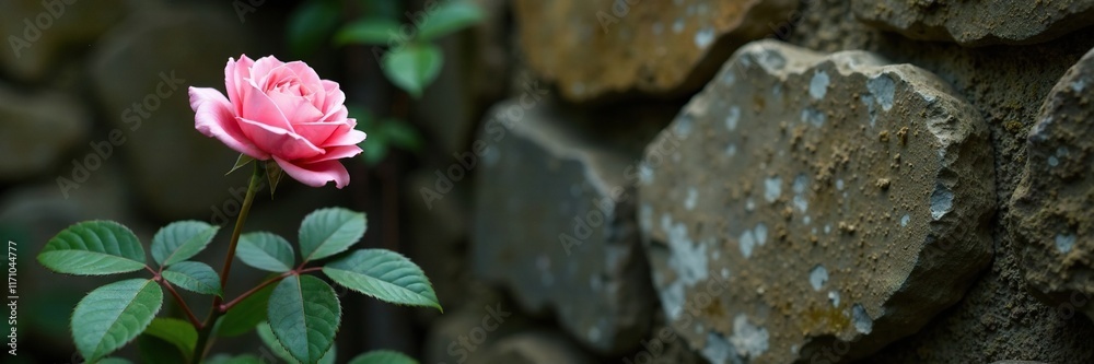 A delicate pink rose against a mossy stone backdrop, flower, stone, earthy A delicate pink rose against a mossy stone backdrop, flower, stone, earthy