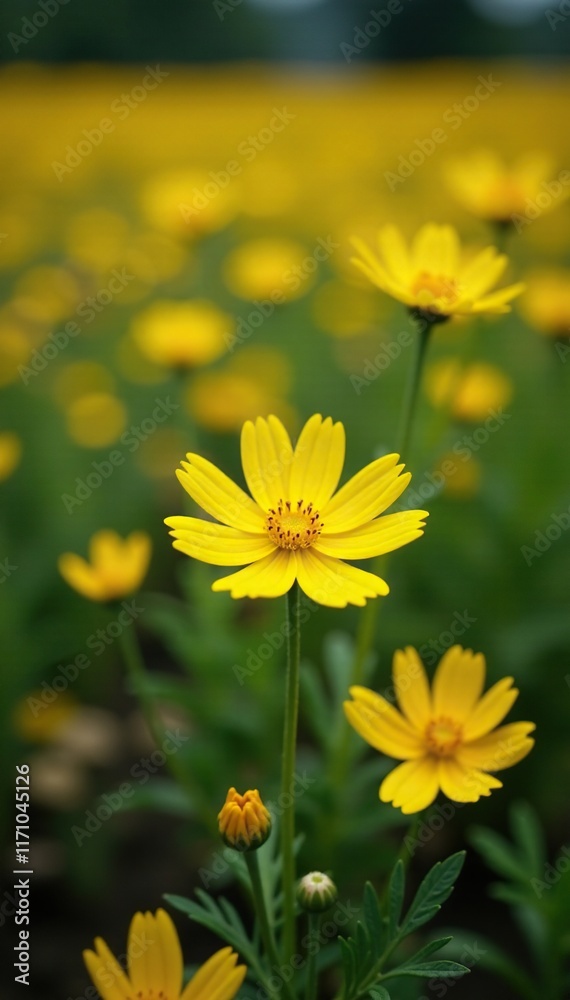 A field of bright yellow cornflowers growing in a dark fertile soil, wild flowers, flowers, nature A field of bright yellow cornflowers growing in a dark fertile soil, wild flowers, flowers, nature
