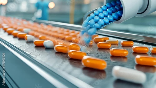 Automated pharmaceutical production with orange and blue capsule medication on conveyor