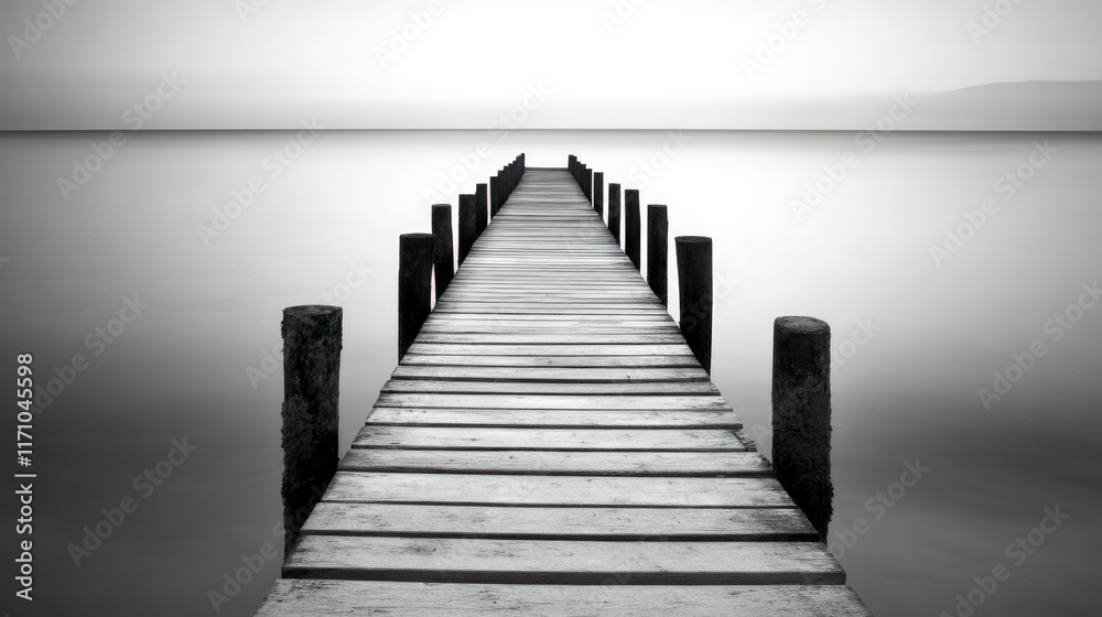 Fototapeta premium Serene Pier Extending to a Calm Lake Under a Monochromatic Sky
