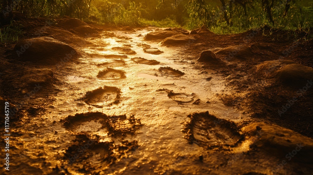 Fototapeta premium Winding Tracks Through a Muddy Path at Sunset
