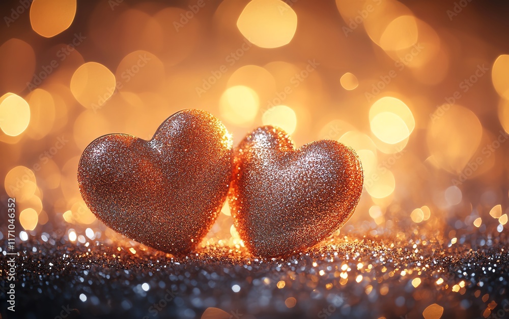 Fototapeta premium A romantic Valentines Day card with two hearts, glowing with silver glitter, and a warm, dreamy atmosphere