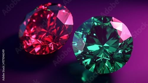 Shimmering emerald green and ruby red jewel tones set in a 3D rendering on a deep purple background. The centered negative space and high contrast highlight the vividness of the colors.