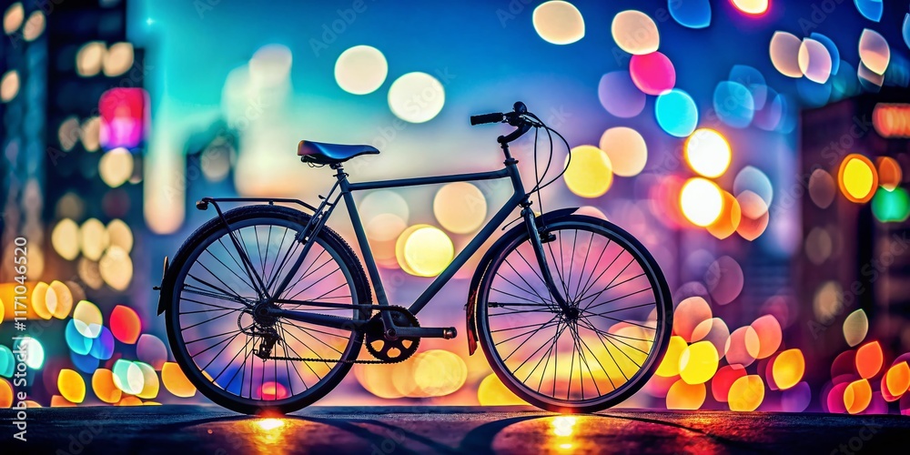 Fototapeta premium Night Bicycle Ride: City Lights and Silhouettes Stock Photo