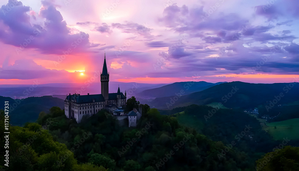 Fototapeta premium Majestic Castle at Sunset, Embracing a Dreamy Landscape