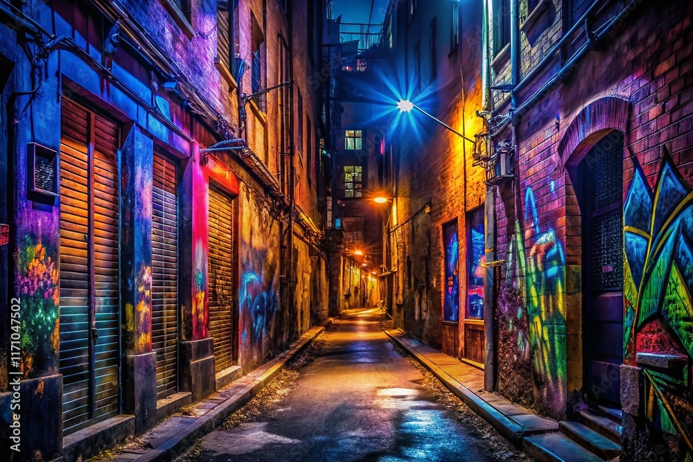 Fototapeta premium Night Cityscape, Dramatic Lighting, Urban Exploration, Dark Alleyway, Mysterious Atmosphere