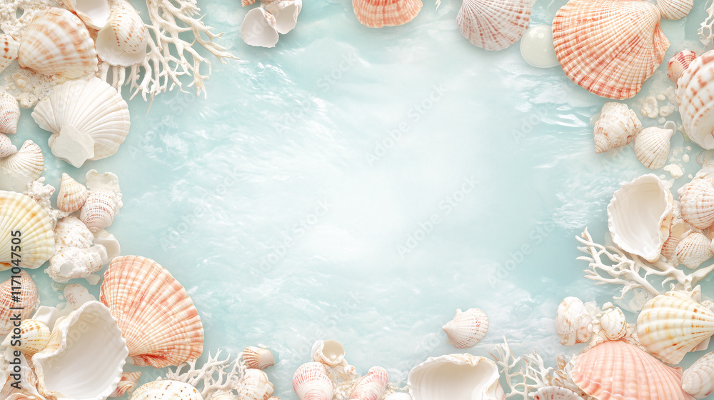 A whimsical frame of pastel shells in pink, coral and cream colors frames a clean pale blue ocean background, creating an artistic and balanced design A whimsical frame of pastel shells in pink, coral and cream colors frames a clean pale blue ocean background, creating an artistic and balanced design