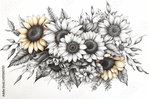 A beautiful sketch of sunflowers and blooming flowers, perfect for nature lovers and art enthusiasts.