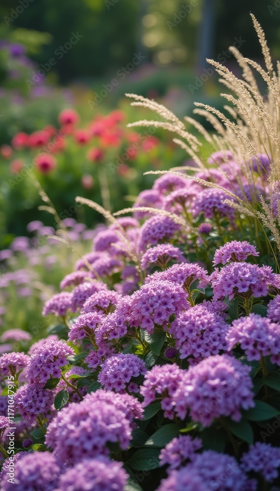 A stunning display of lush purple flowers intermingles with delicate grasses, creating a picturesque garden scene. The vibrant colors and soft textures evoke a sense of tranquility and natural beauty A stunning display of lush purple flowers intermingles with delicate grasses, creating a picturesque garden scene. The vibrant colors and soft textures evoke a sense of tranquility and natural beauty