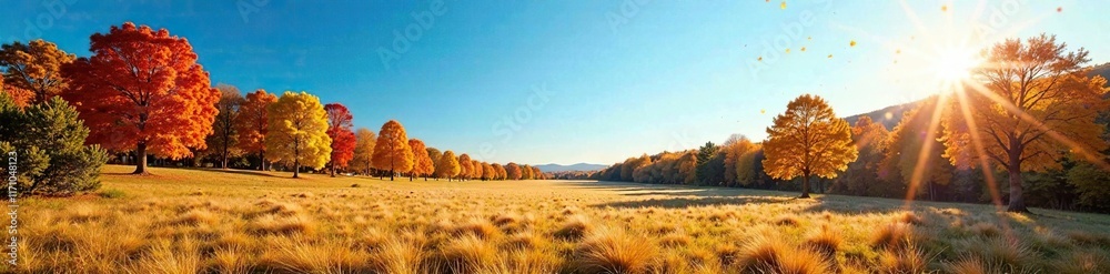 Obraz premium Autumn trees against a bright blue sky with sunshine, autumn, landscape, yellow