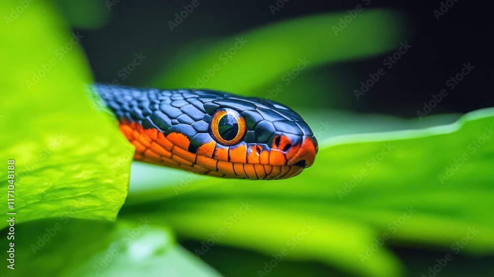 A close-up of a snake with vibrant black and orange scales among green leaves. A close-up of a snake with vibrant black and orange scales among green leaves.