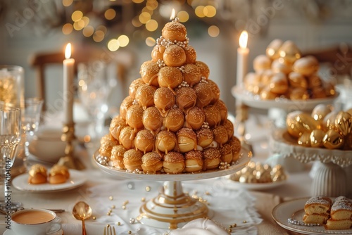 A beautifully arranged dessert table featuring a towering croquembouche and luxurious treats, perfect for celebrations. photo