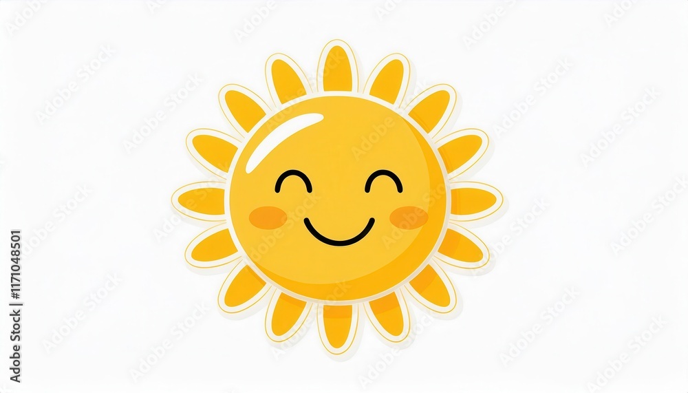 Bright Smiling Sun Cartoon Illustration with Cheerful Expression, Radiant Yellow Rays, and Cute Facial Features for Kids Decor