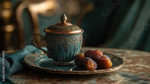 An Artistic Arrangement of a Traditional Coffee Cup with Dates