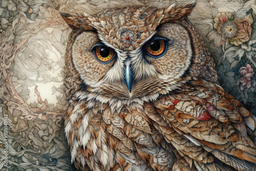 owl close-up drawing with high detail and many artsy details., watercolor style,   photo