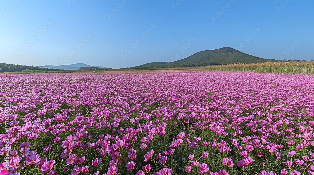 Breathtaking panoramic view of a vast field filled with blooming pink and purple flowers beneath a towering mountain range against a clear bright blue sky Serene picturesque and natural landscape Breathtaking panoramic view of a vast field filled with blooming pink and purple flowers beneath a towering mountain range against a clear bright blue sky Serene picturesque and natural landscape