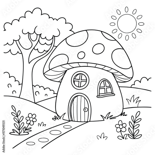 Hand drawn landscape with mushroom house and tree antistress coloring page for kids and adults