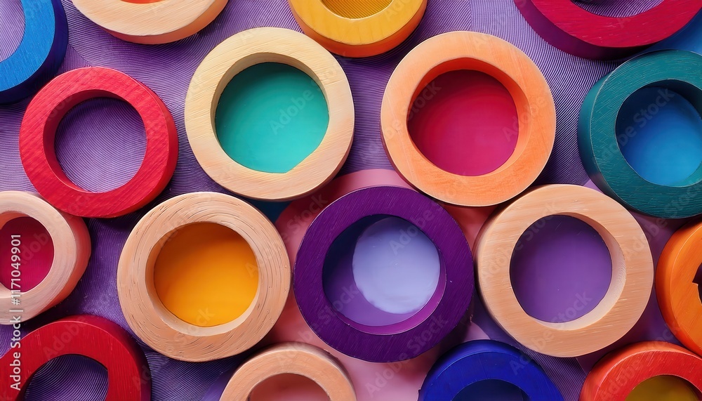 Vibrant Wooden Circles in Varied Sizes with a Textured Finish on a Purple Background. Perfect for Abstract Art, Design, or Inspiration Vibrant Wooden Circles in Varied Sizes with a Textured Finish on a Purple Background. Perfect for Abstract Art, Design, or Inspiration