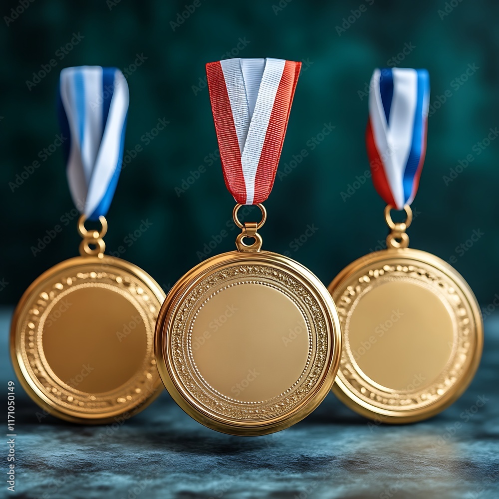 Three Gold Medals with Ribbons Displayed on a Surface
