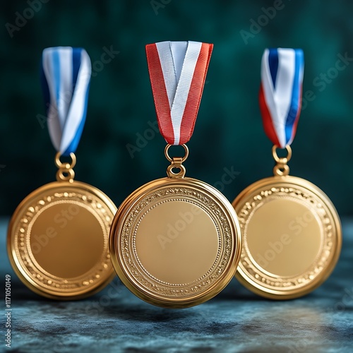 Obraz na płótnie Three Gold Medals with Ribbons Displayed on a Surface w salonie