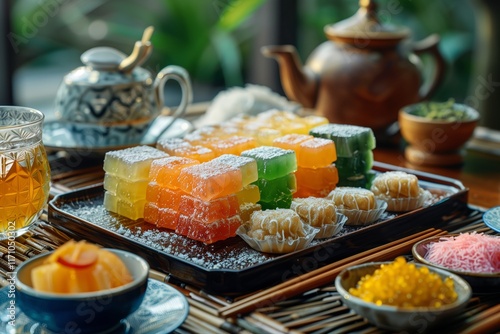 A colorful assortment of jelly candies and dumplings served on a traditional plate with tea.