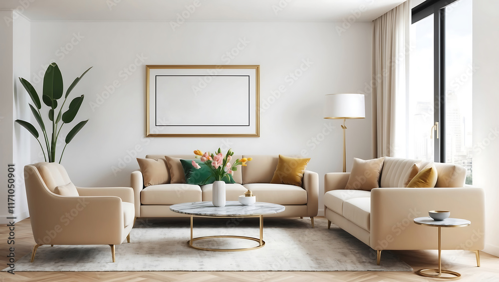 Fototapeta premium Living room interior background in farmhouse style