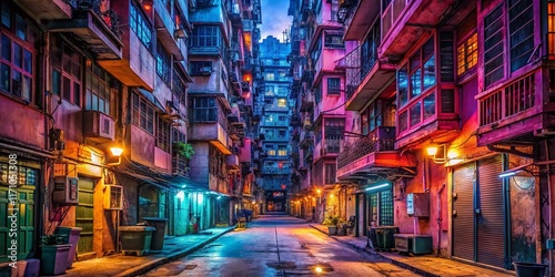 Night Photography: Kowloon Walled City's Enigmatic Alleys - Urban Exploration Stock Photo