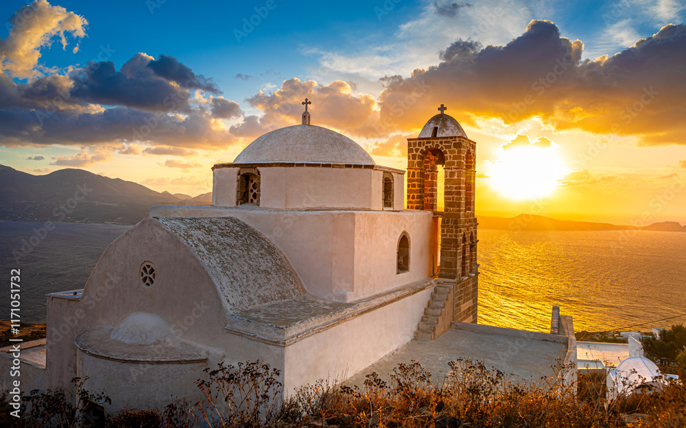 Panagia Thalassitra church view in the Plaka castle, Milos island, Greece