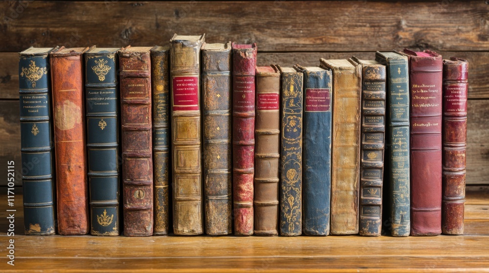 Row of Antique Books on Wooden Shelf Row of Antique Books on Wooden Shelf