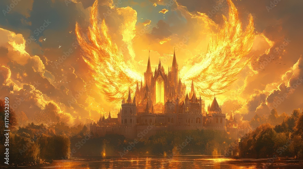 Obraz premium Fiery Wings Embrace Majestic Castle Sunset Scene