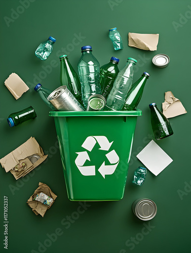 A green recycling bin with bottles, cans, and paper surrounded by eco-friendly symbols, promoting environmental sustainability