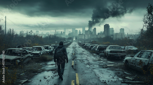 Wallpaper Mural Lone traveler walks abandoned car-lined road towards smoke-filled city under ominous sky in post-apocalyptic landscape Torontodigital.ca