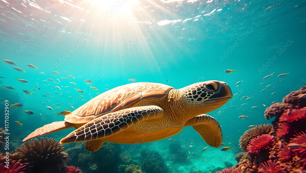 Fototapeta premium underwater scene set against a warm, turquoise background, teeming with vibrant