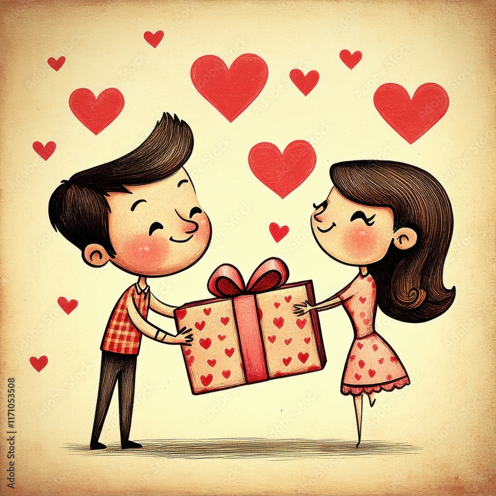 Happy Valentine’s Day greeting card with lovely couple and gift box. Happy Valentine’s Day greeting card with lovely couple and gift box.