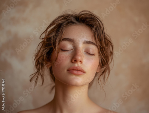 A tranquil face with closed eyes against a soft minimalist background, ideal for wellness campaigns.