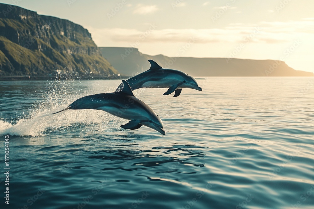 Obraz premium happy dolphins jumping out of the water whit generative ai