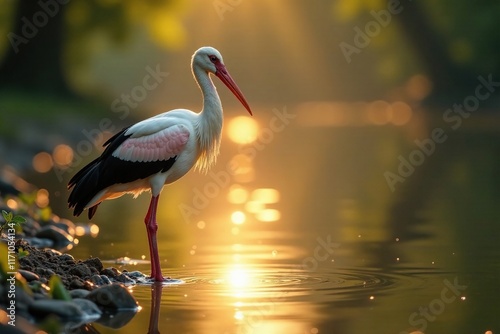 Feathers glisten on riverbank as stork soaks in sun warm rays, river, birdlife
