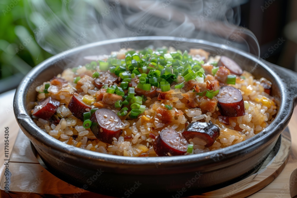 A delicious steaming bowl of rice with sausage and vegetables garnished with fresh green onions. A delicious steaming bowl of rice with sausage and vegetables garnished with fresh green onions.