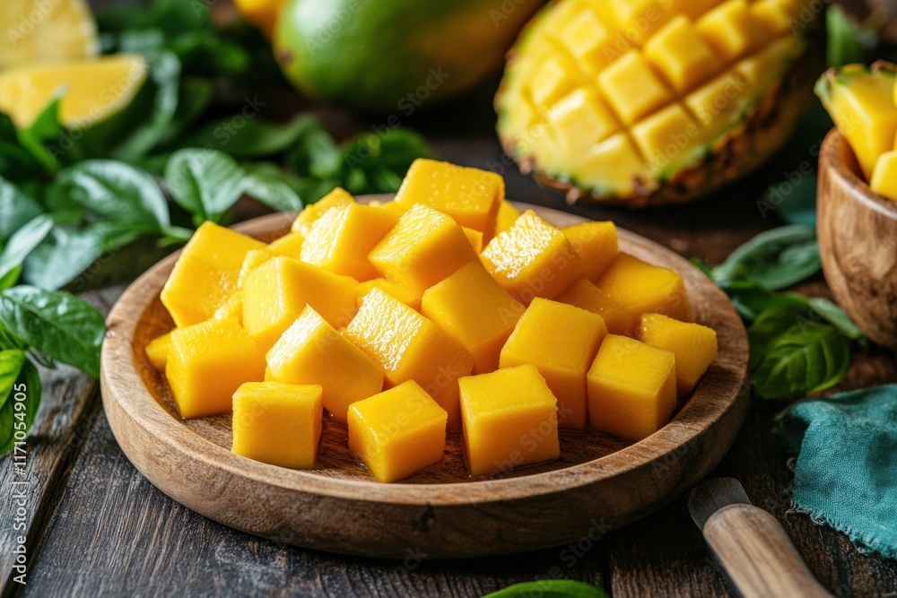 Juicy Mango Cubes on Wooden Plate Juicy Mango Cubes on Wooden Plate