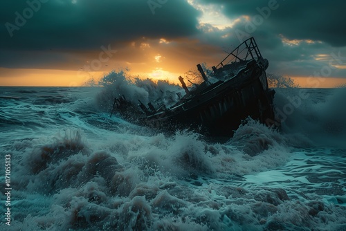 A dramatic scene of a shipwreck amid tumultuous waves, capturing the intensity of nature at sunset.