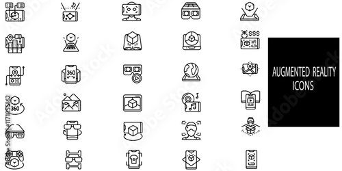 Augmented reality simple concept 30 icons set. Contains such VR, augmented reality, headset, immersive, mixed reality, AR, 360 degree. Vector illustration.