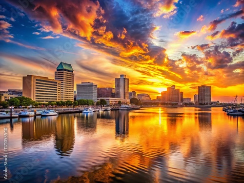 Norfolk Virginia Sunset Port City Skyline - Dramatic Golden Hour View