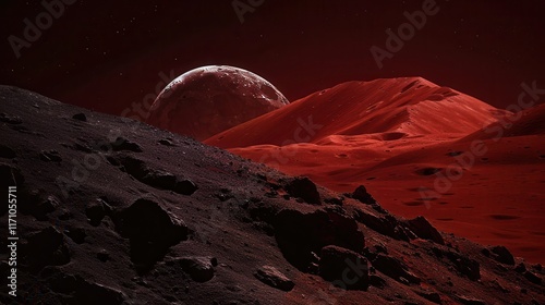 A stunning image capturing a lunar eclipse unfolding over Mare Tranquillitatis. The photograph depicts the Moon partially obscured by Earth's shadow, casting an eerie red glow across the lunar surface photo